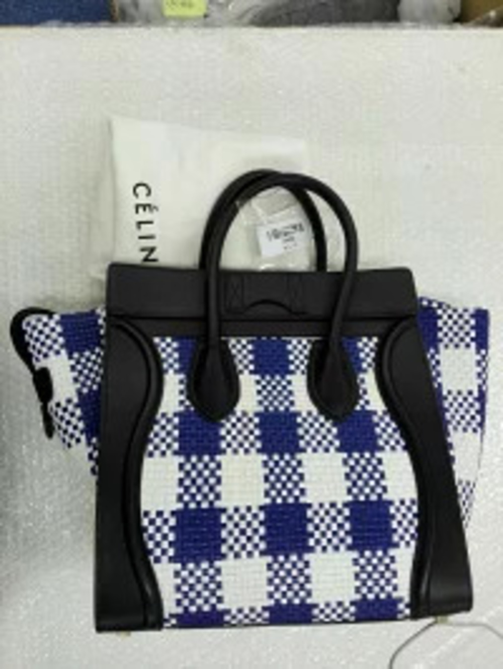Celine black blue gingham Bag plaid woven Luggage white leather Blue White